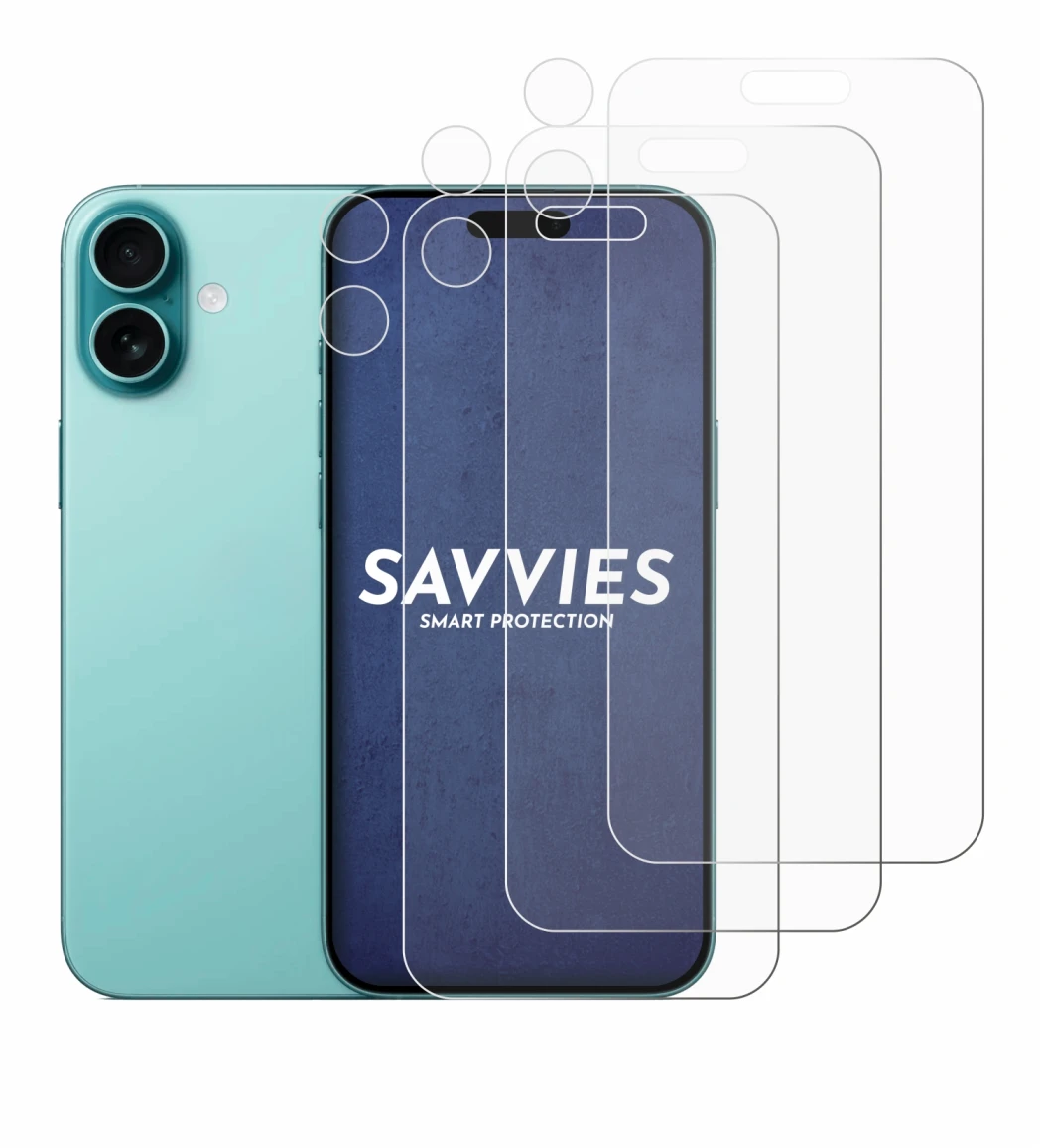 Image of the device Apple iPhone 16 Plus (Front+Camera) with a wide variety of screen protectors.