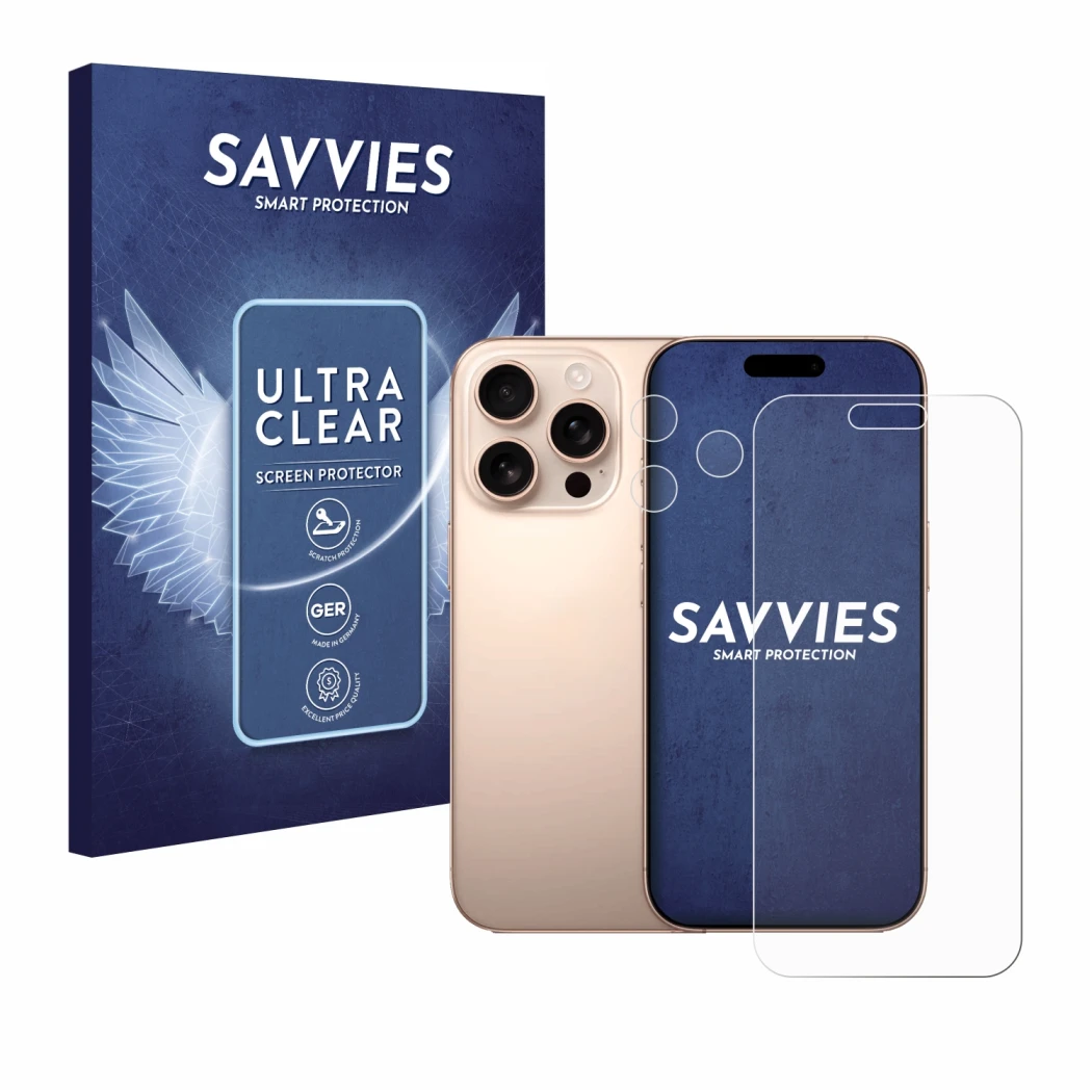 Front side of a product packaging with the brand logo Savvies. Next to it is the device Apple iPhone 16 Pro Max (Front+Camera)