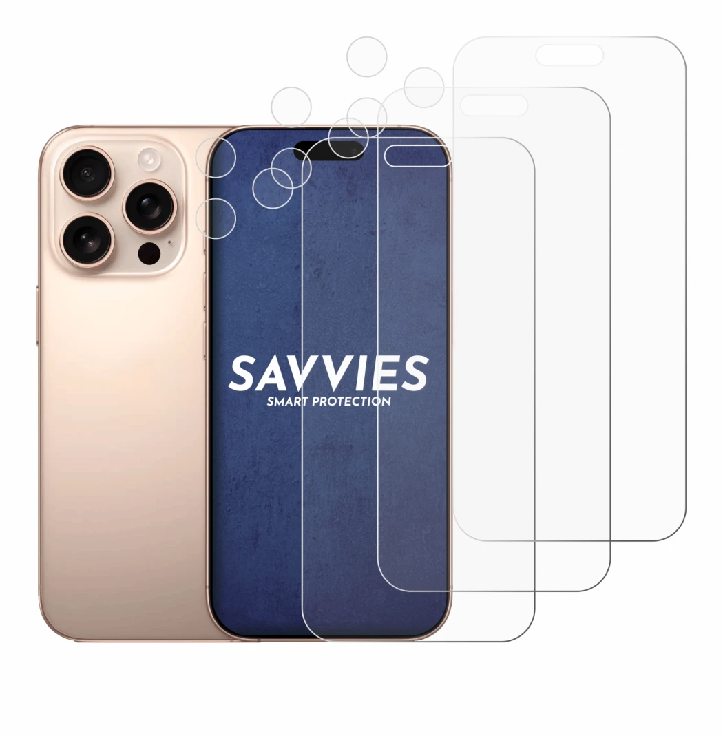 Image of the device Apple iPhone 16 Pro Max (Front+Camera) with a wide variety of screen protectors.