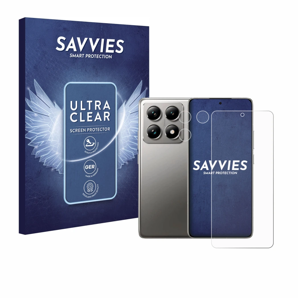 Front side of a product packaging with the brand logo Savvies. Next to it is the device Xiaomi 14T Pro (Front+Camera) shown wi