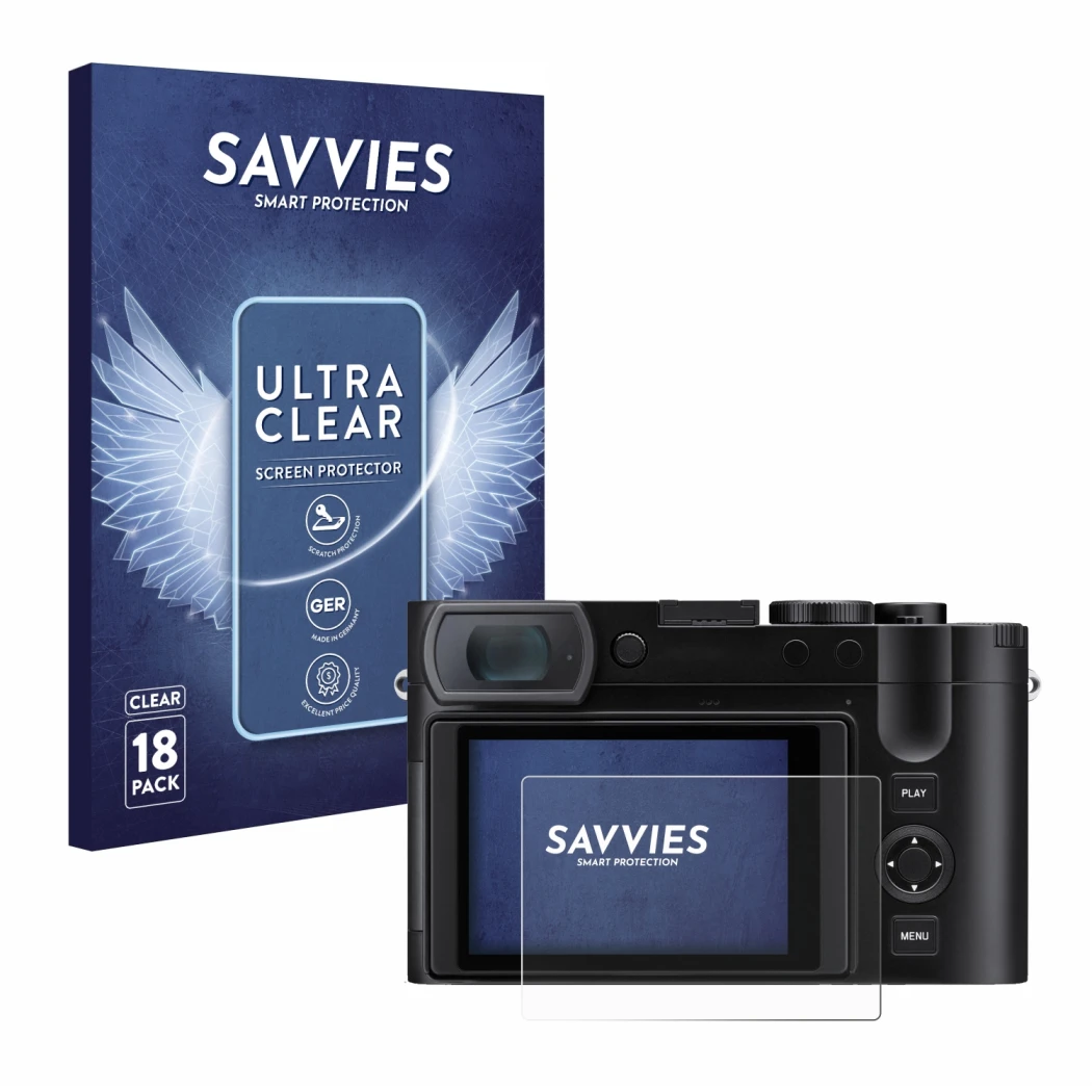 Front side of a product packaging with the brand logo Savvies. Next to it is the device Leica Q3 43 shown with the correspondi