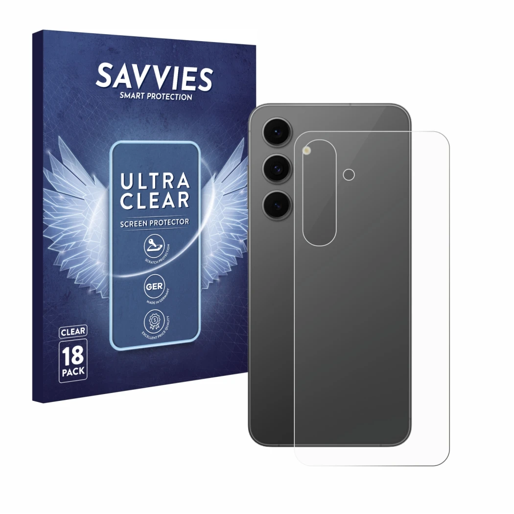 Front side of a product packaging with the brand logo Savvies. Next to it is the device Samsung Galaxy S24 FE (Back) shown wit