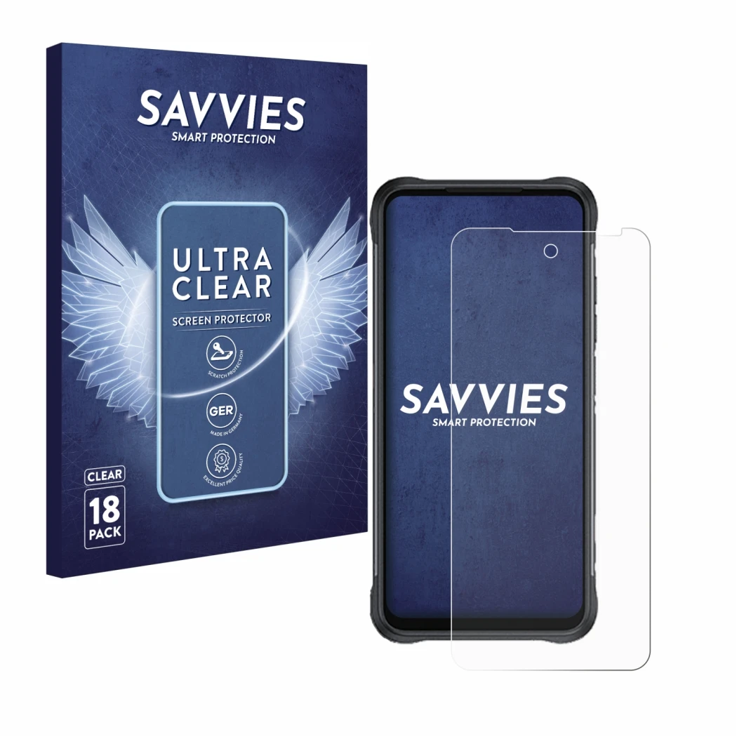 Front side of a product packaging with the brand logo Savvies. Next to it is the device GlobeXplorer GPX Pro 4 shown with the 