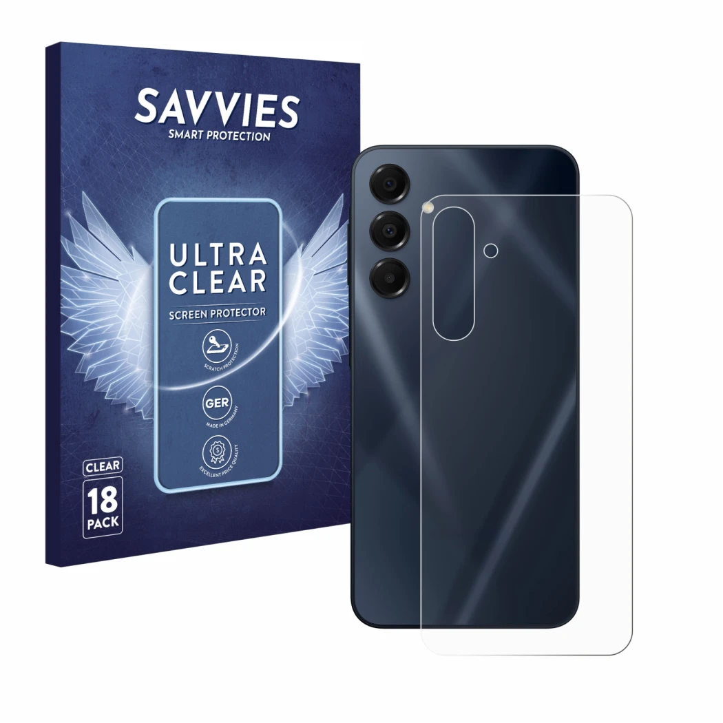 Front side of a product packaging with the brand logo Savvies. Next to it is the device Samsung Galaxy A16 5G (Back) shown wit