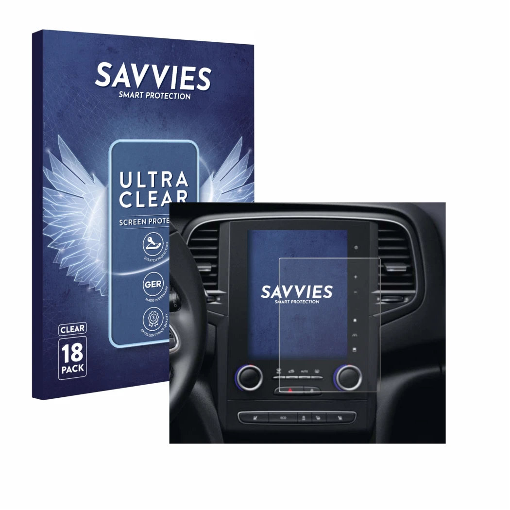 Front side of a product packaging with the brand logo Savvies. Next to it is the device Renault Scenic IV RLINK-2 2018 shown w