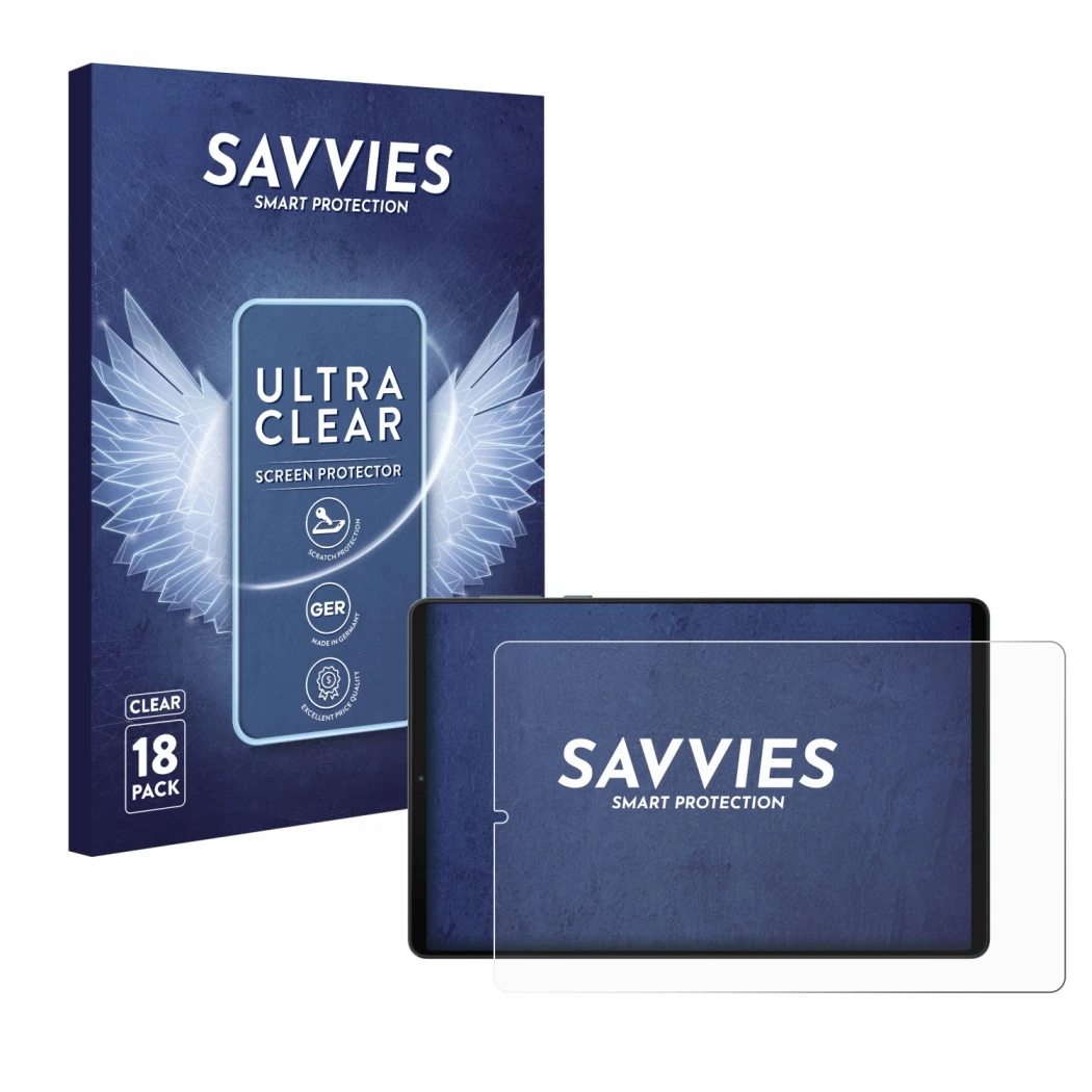 Front side of a product packaging with the brand logo Savvies. Next to it is the device Lenovo Legion Y700 (2024) shown with t