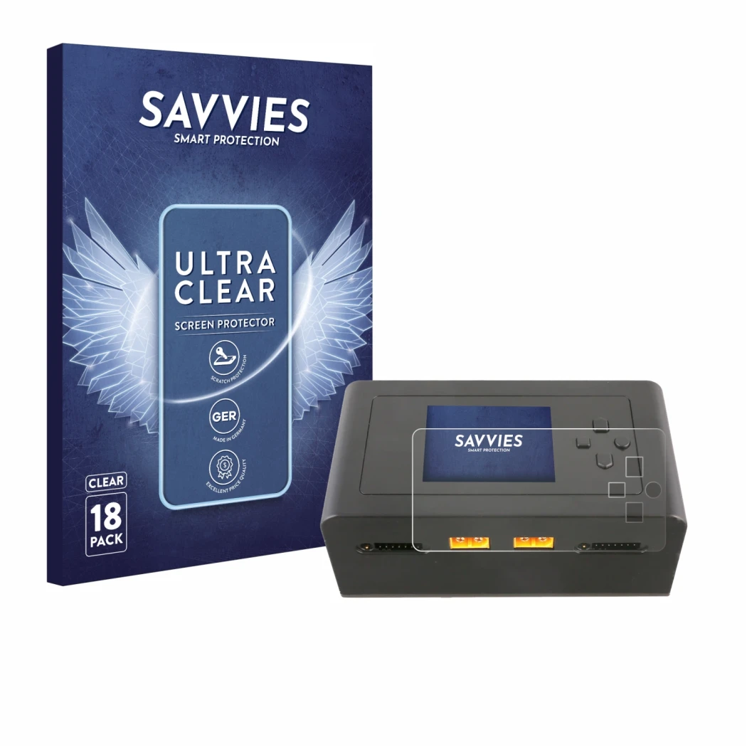 Front side of a product packaging with the brand logo Savvies. Next to it is the device Gens Ace IMARS D300 shown with the cor