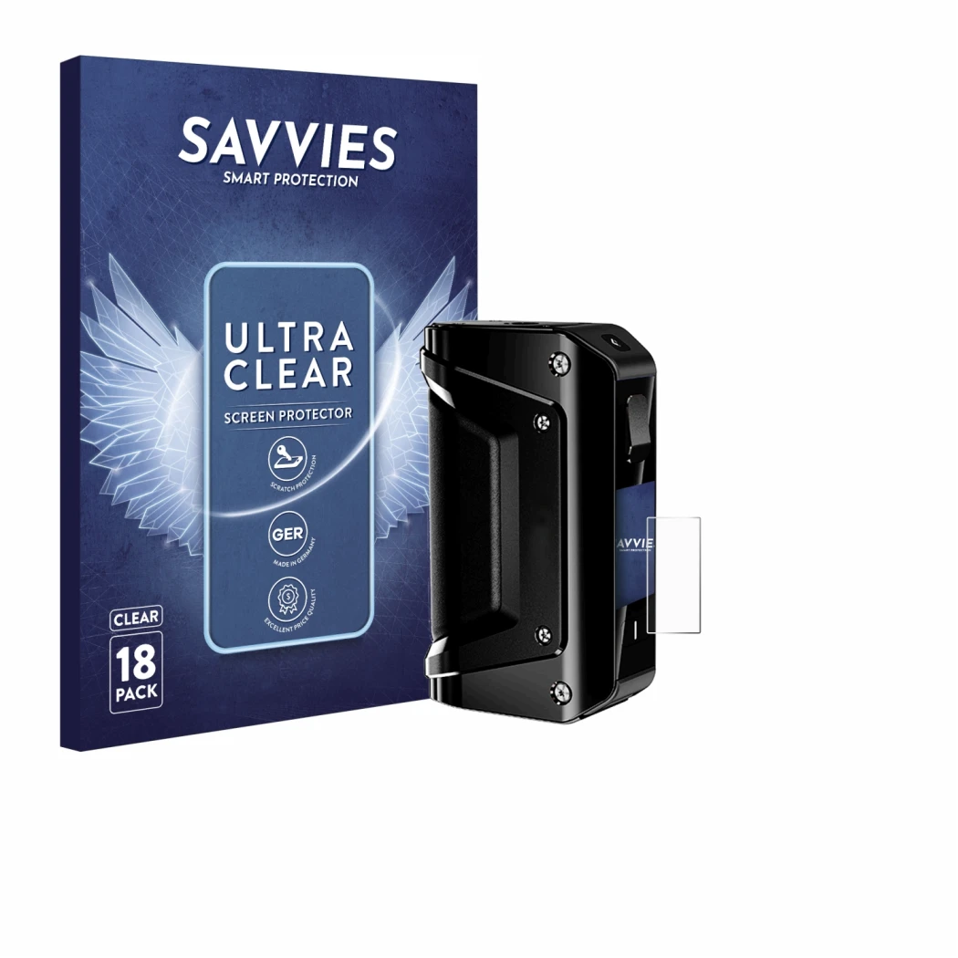 Front side of a product packaging with the brand logo Savvies. Next to it is the device geekvape Aegis 3 shown with the corres