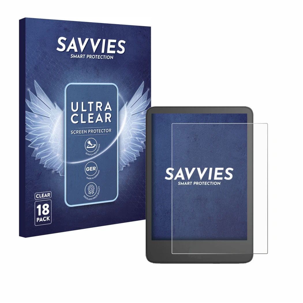 Front side of a product packaging with the brand logo Savvies. Next to it is the device Amazon Kindle 2024 shown with the corr