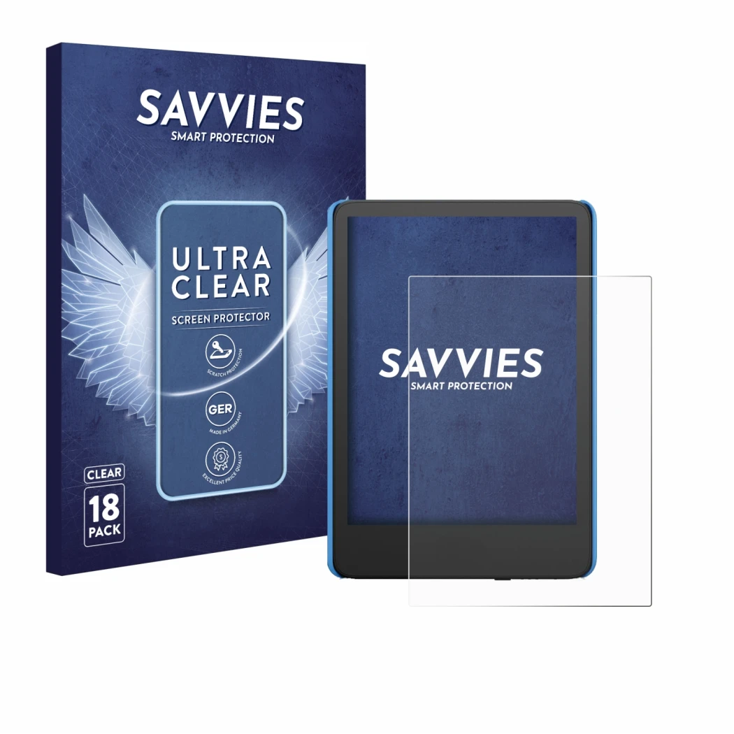 Front side of a product packaging with the brand logo Savvies. Next to it is the device Amazon Kindle Kids (2024) shown with t