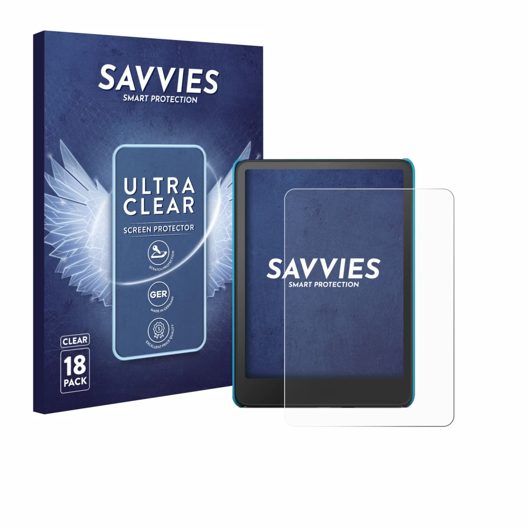 Front side of a product packaging with the brand logo Savvies. Next to it is the device Amazon Kindle Paperwhite Kids 2024 sho