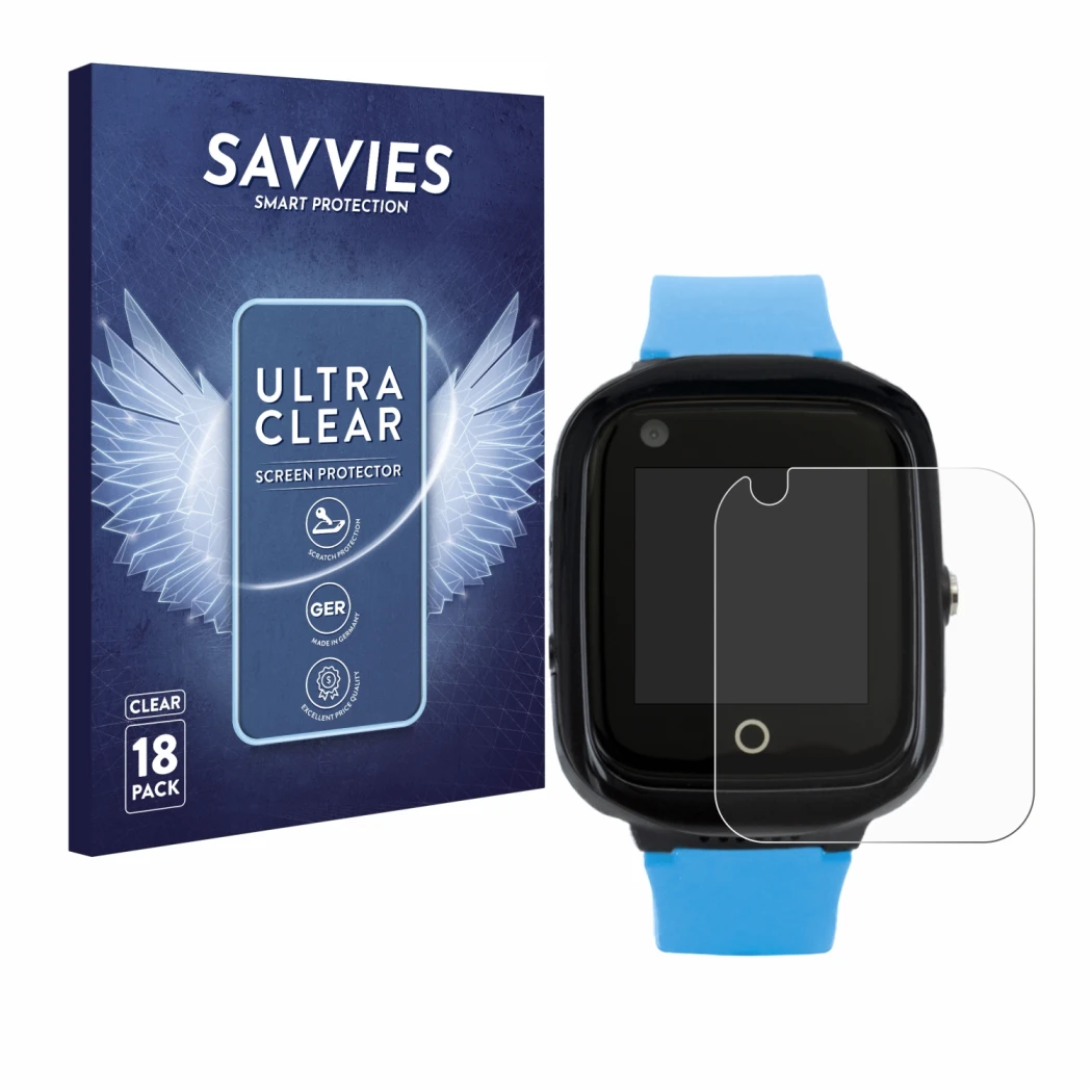 Front side of a product packaging with the brand logo Savvies. Next to it is the device One2Track Connect NEO shown with the c