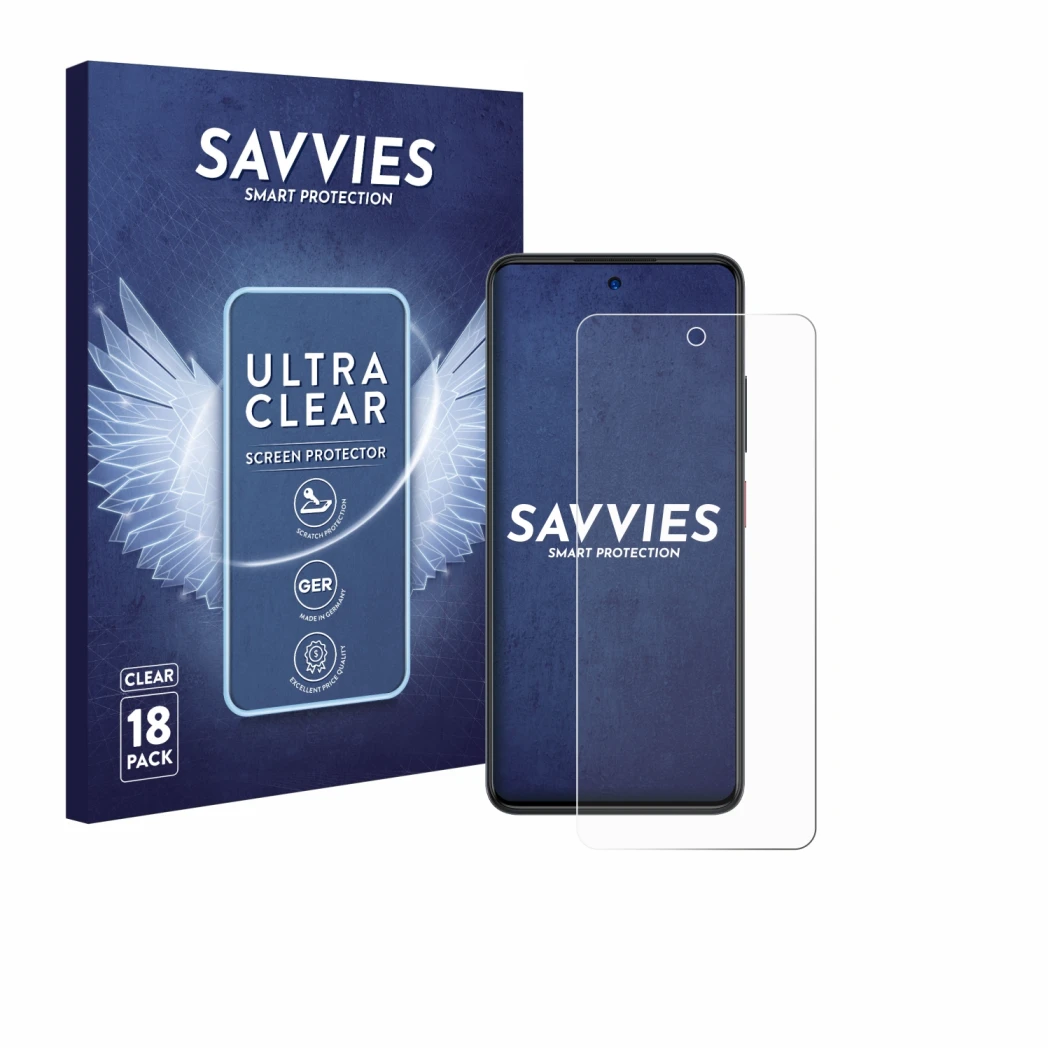 Front side of a product packaging with the brand logo Savvies. Next to it is the device ZTE Blade A75 4G shown with the corres