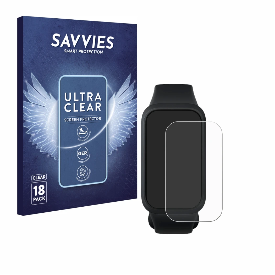Front side of a product packaging with the brand logo Savvies. Next to it is the device Xiaomi Smart Band 9 Active shown with 