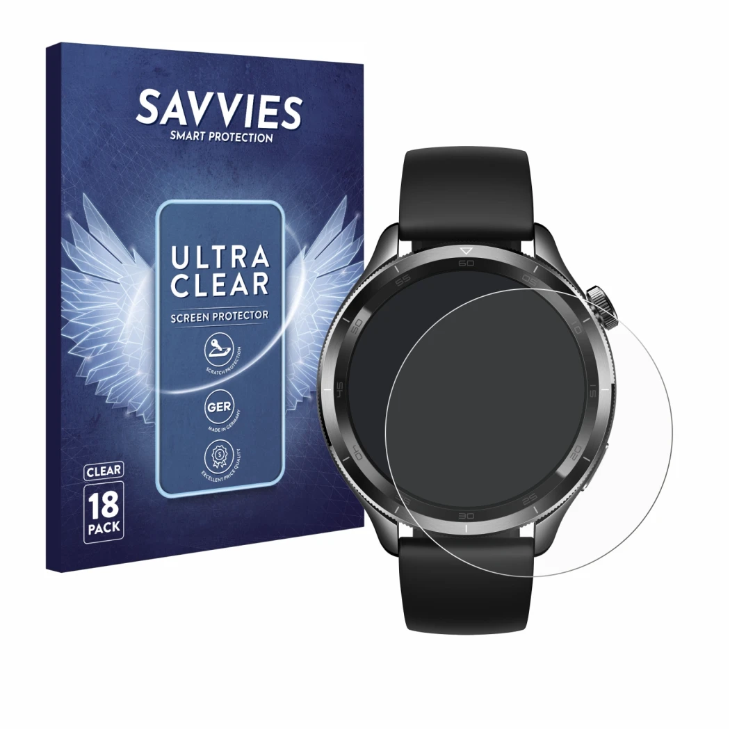 Front side of a product packaging with the brand logo Savvies. Next to it is the device Xiaomi Watch S4 (47 mm) shown with the
