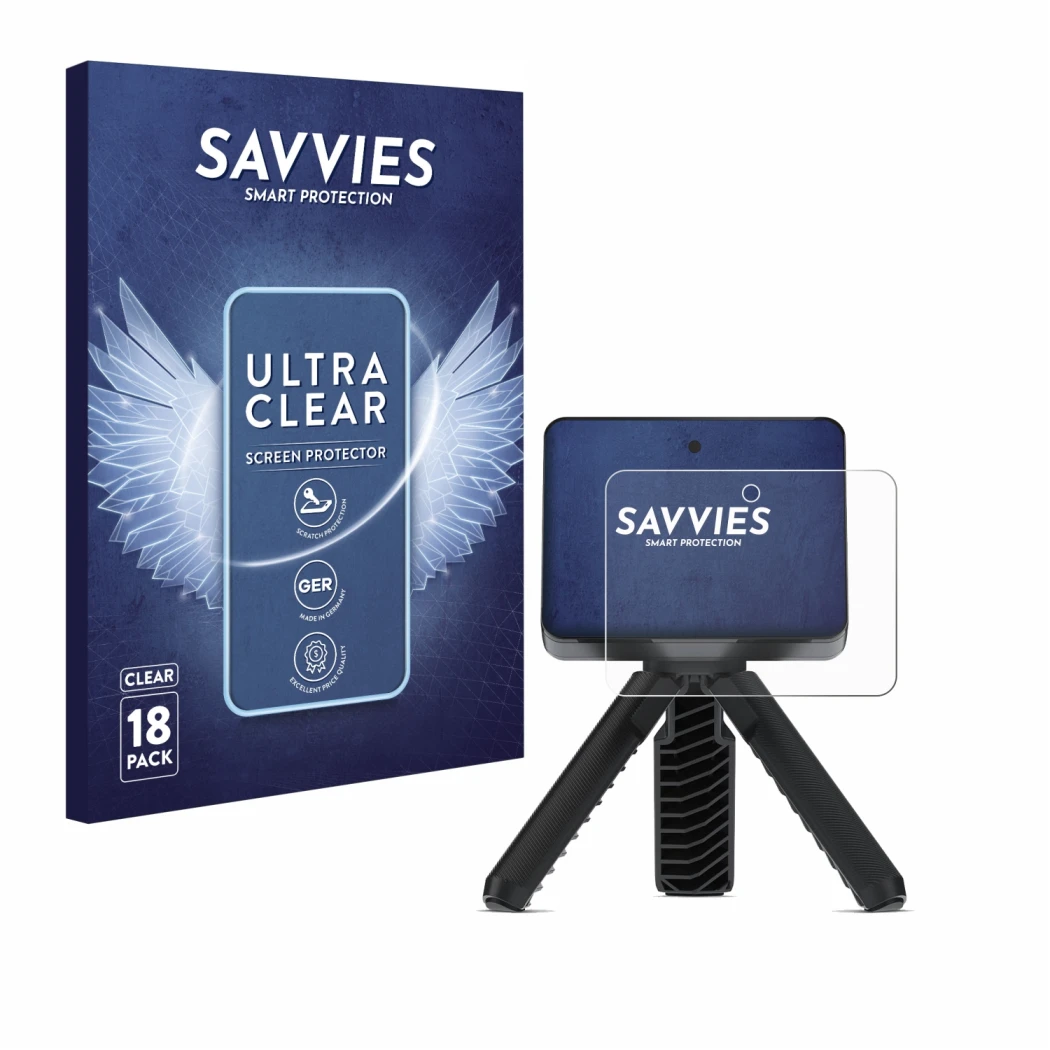Front side of a product packaging with the brand logo Savvies. Next to it is the device Garmin Approach R10 shown with the cor