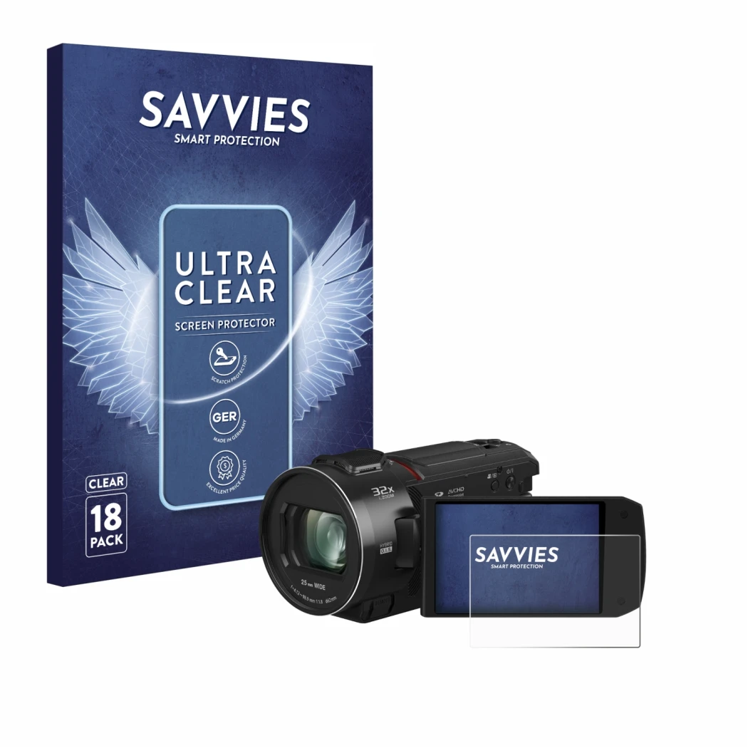 Front side of a product packaging with the brand logo Savvies. Next to it is the device Panasonic HC-VX3 shown with the corres