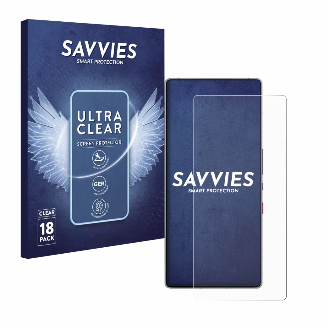 Front side of a product packaging with the brand logo Savvies. Next to it is the device ZTE Nubia Red Magic 10 Pro+ shown with