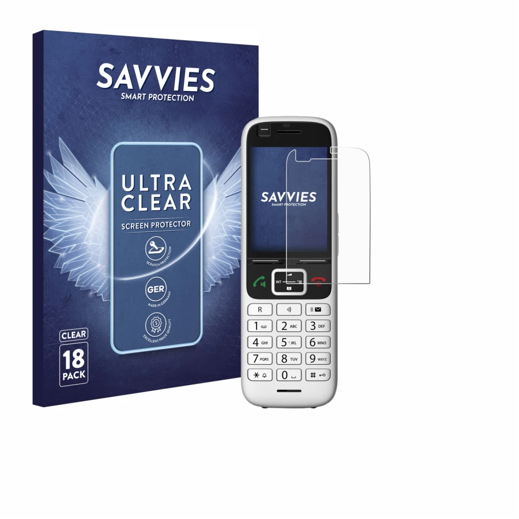 Front side of a product packaging with the brand logo Savvies. Next to it is the device Unify OpenScape S6 shown with the corr
