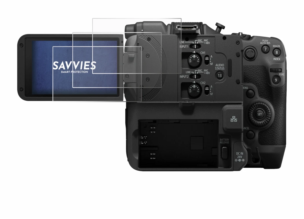 Image of the device Canon EOS C400 with a wide variety of screen protectors.