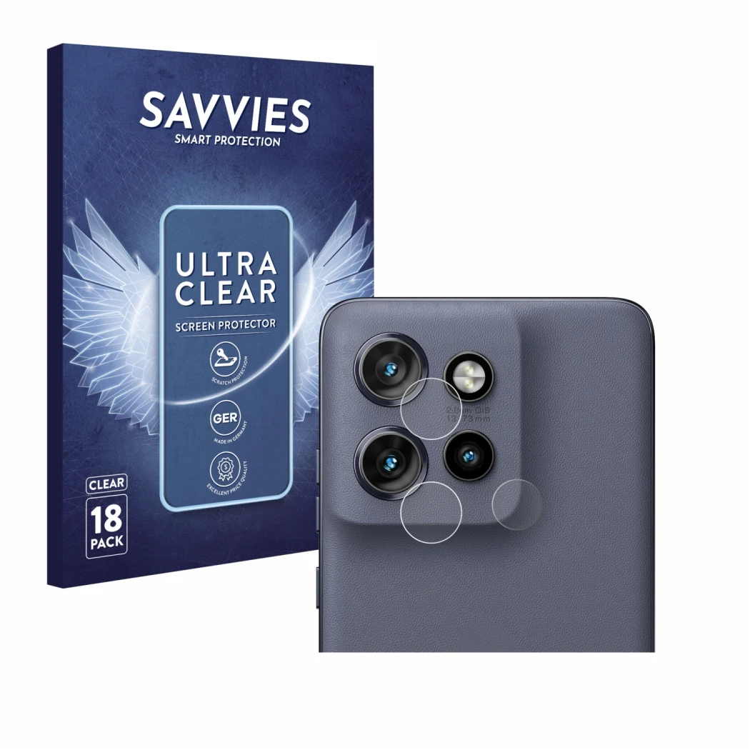 Front side of a product packaging with the brand logo Savvies. Next to it is the device Motorola Edge 50 Neo (ONLY Camera Lens