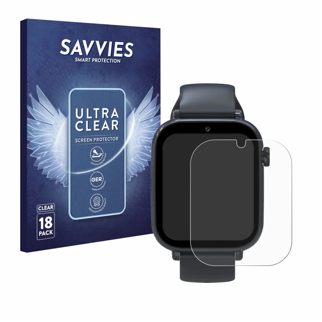 Front side of a product packaging with the brand logo Savvies. Next to it is the device Forever Kids Smartwatch shown with the