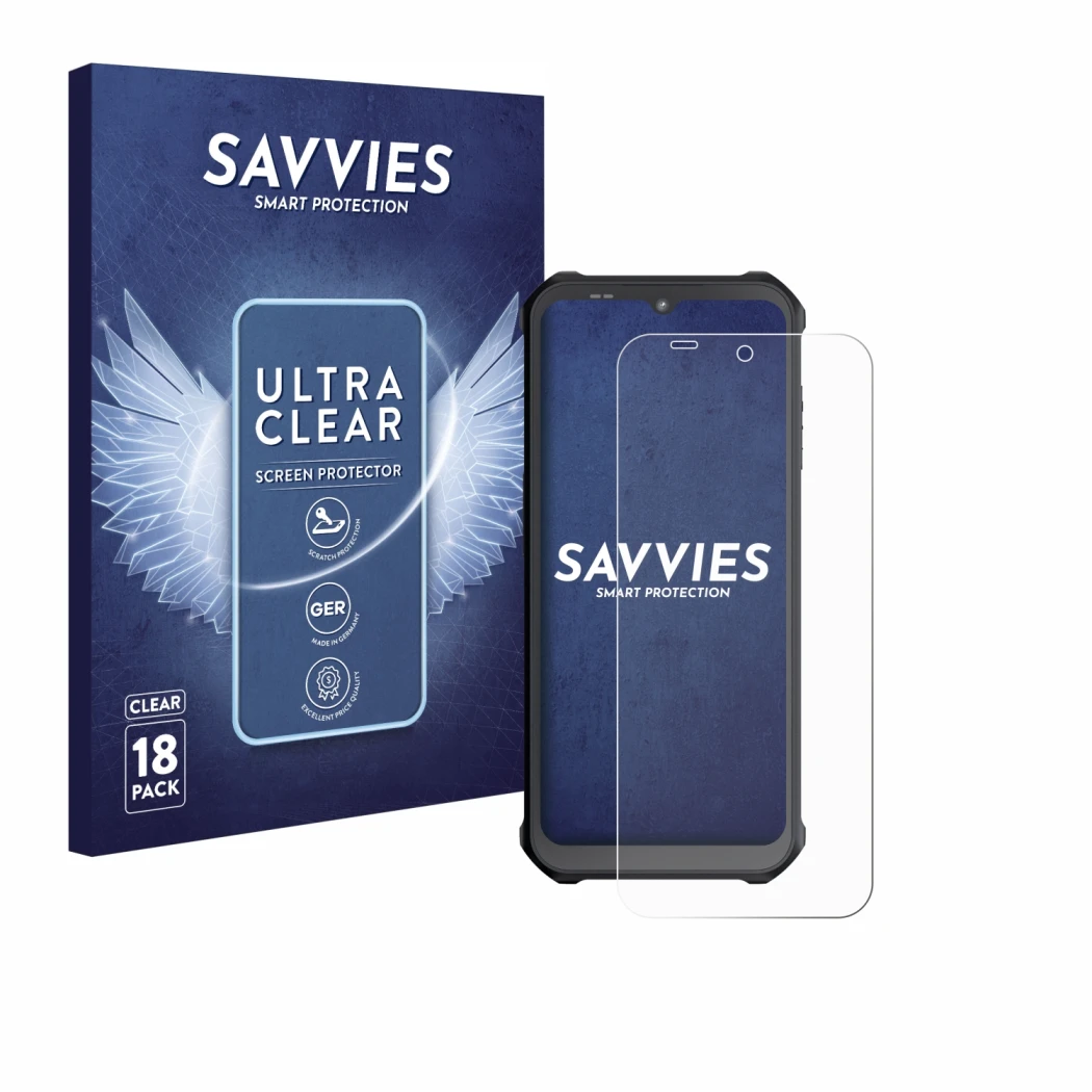 Front side of a product packaging with the brand logo Savvies. Next to it is the device Sonim XP400 shown with the correspondi