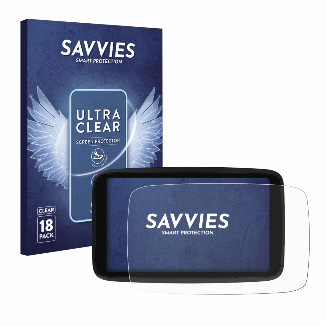 Front side of a product packaging with the brand logo Savvies. Next to it is the device TomTom GO Advanced shown with the corr
