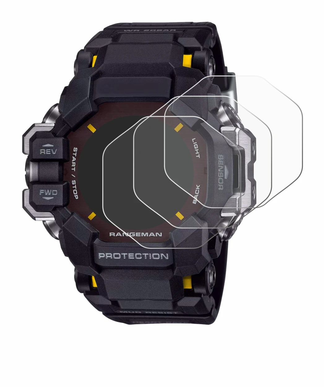 Image of the device Casio G-Shock GPR-H 1000 with a wide variety of screen protectors.