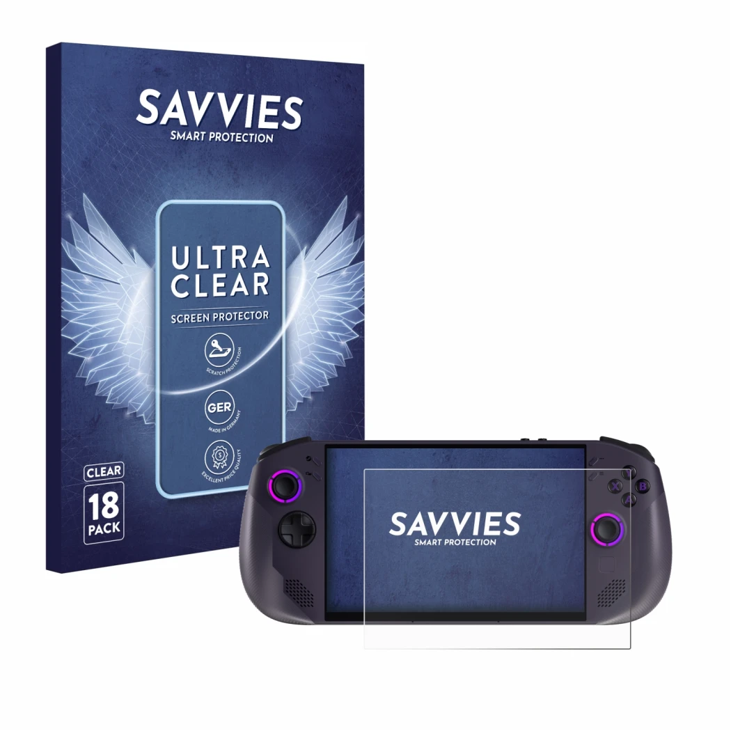 Front side of a product packaging with the brand logo Savvies. Next to it is the device Lenovo Legion Go S shown with the corr