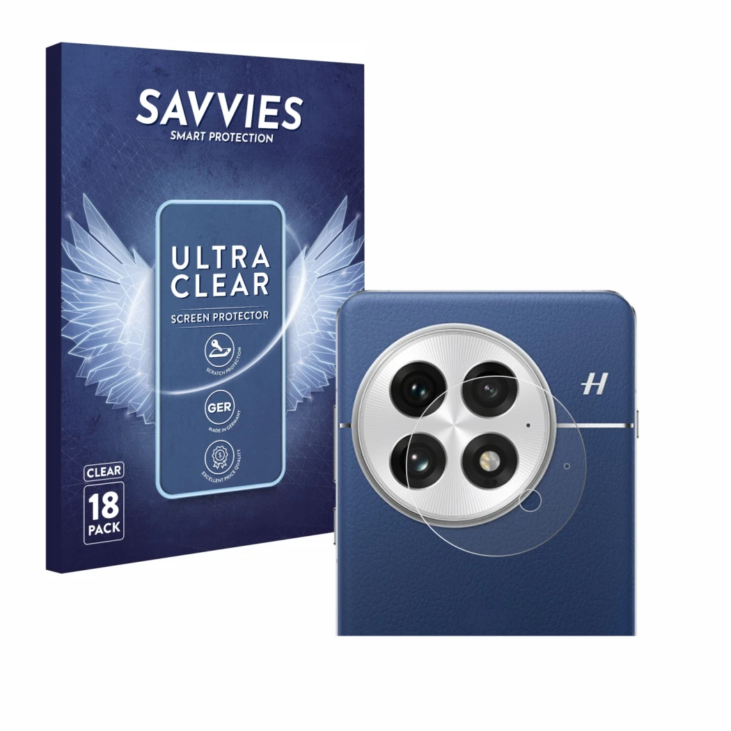 Front side of a product packaging with the brand logo Savvies. Next to it is the device OnePlus 13 (ONLY Camera Lens) shown wi