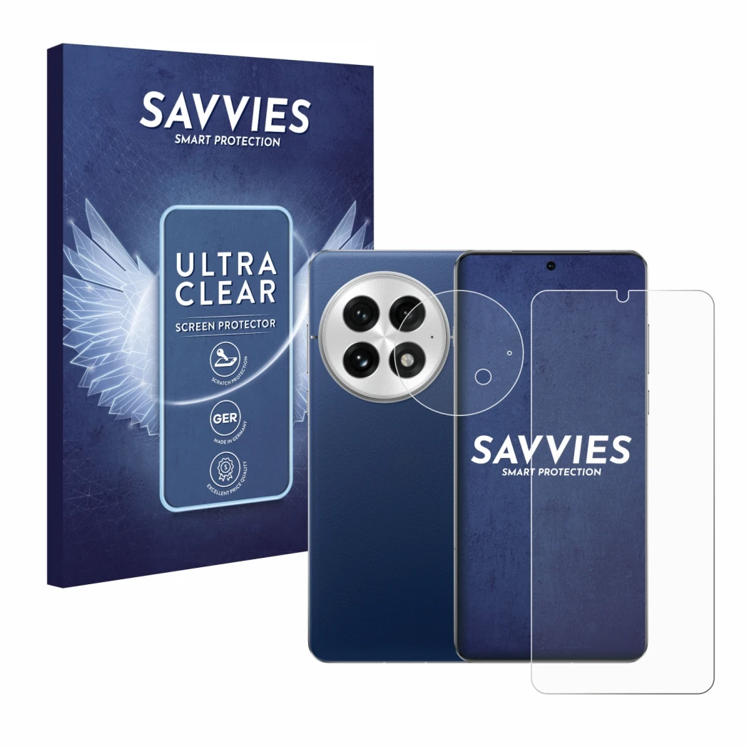 Front side of a product packaging with the brand logo Savvies. Next to it is the device OnePlus 13 (Front+Camera) shown with t