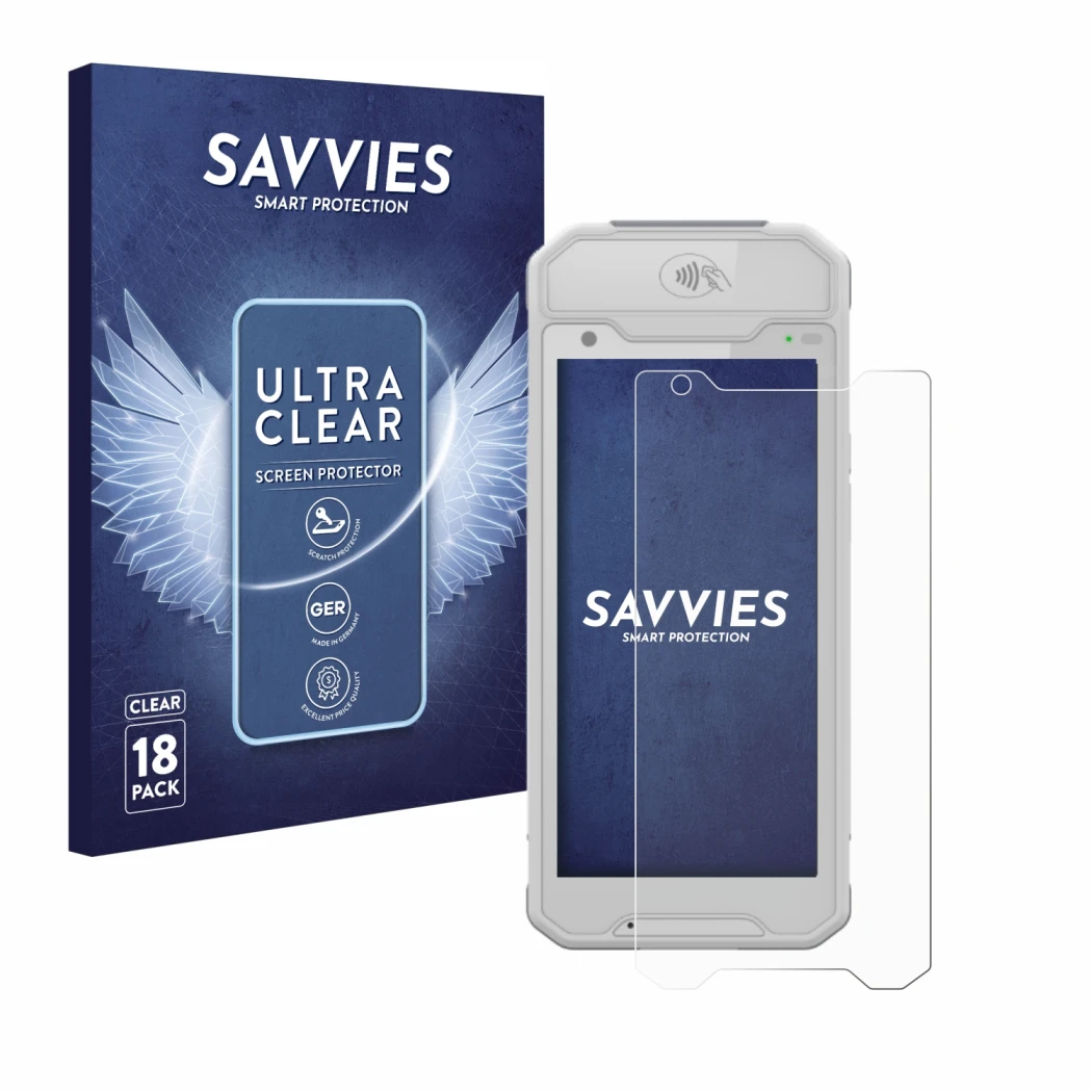Front side of a product packaging with the brand logo Savvies. Next to it is the device Dojo Pocket shown with the correspondi