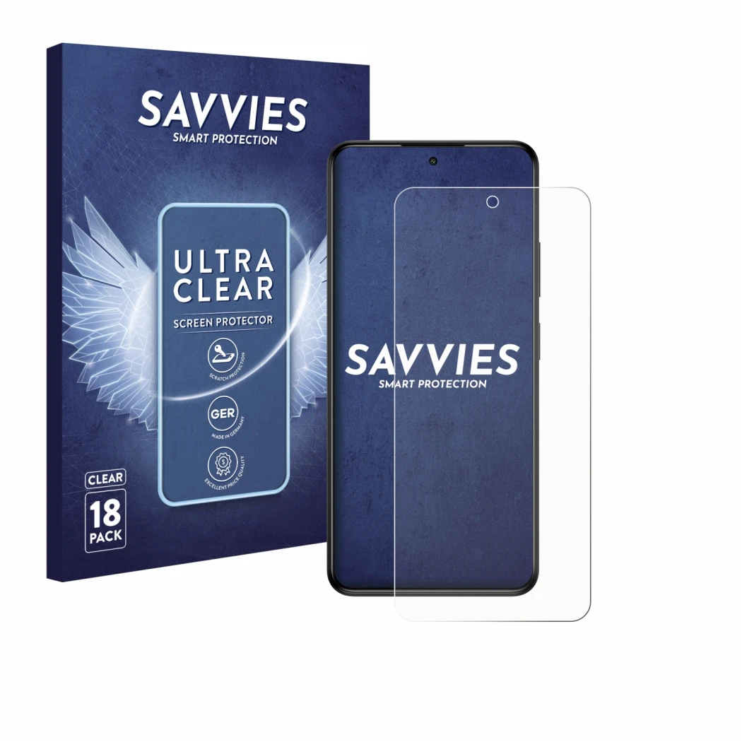 Front side of a product packaging with the brand logo Savvies. Next to it is the device myPhone N23 Plus shown with the corres