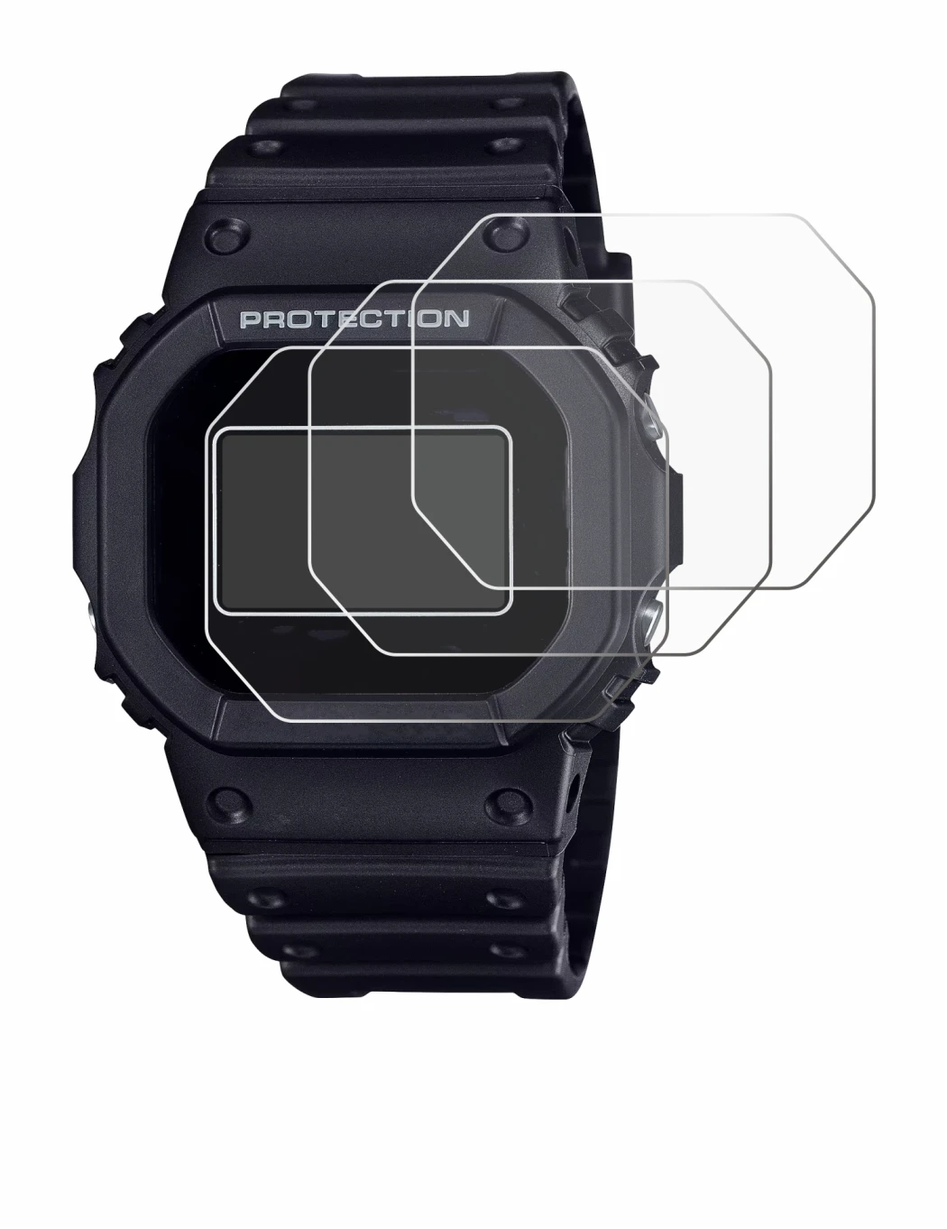 Image of the device Casio G-Shock DW-5600RL-1 with a wide variety of screen protectors.