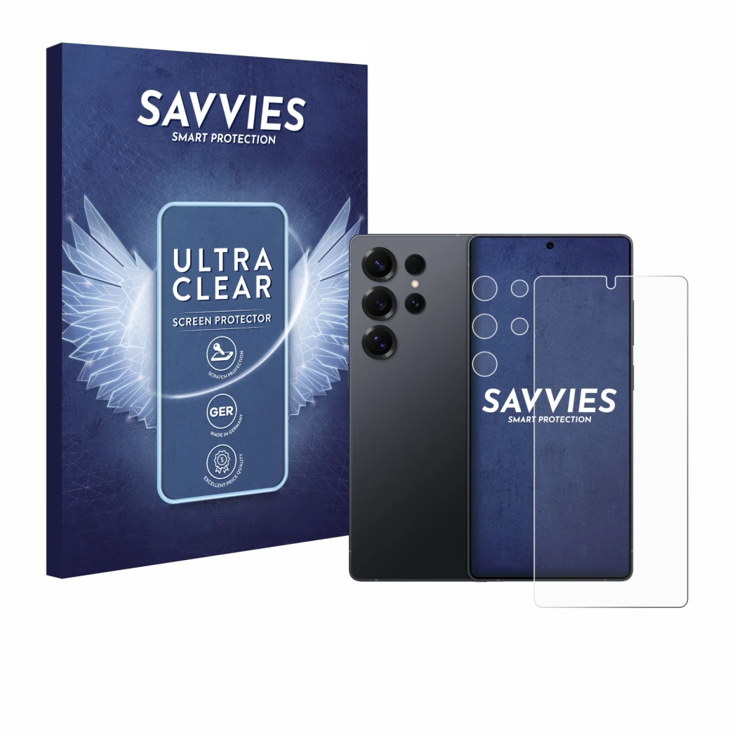 Front side of a product packaging with the brand logo Savvies. Next to it is the device Samsung Galaxy S25 Ultra (Front+Camera