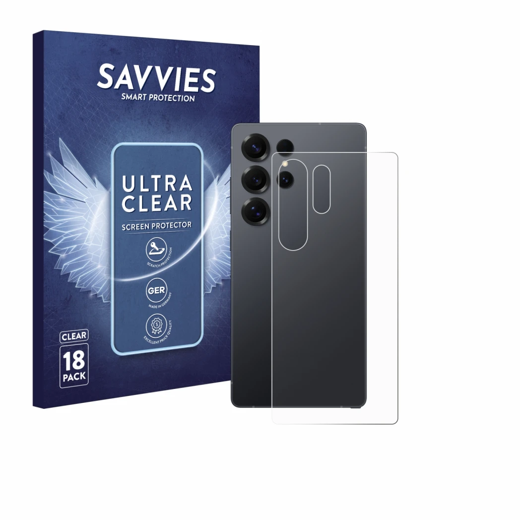 Front side of a product packaging with the brand logo Savvies. Next to it is the device Samsung Galaxy S25 Ultra (Back) shown 