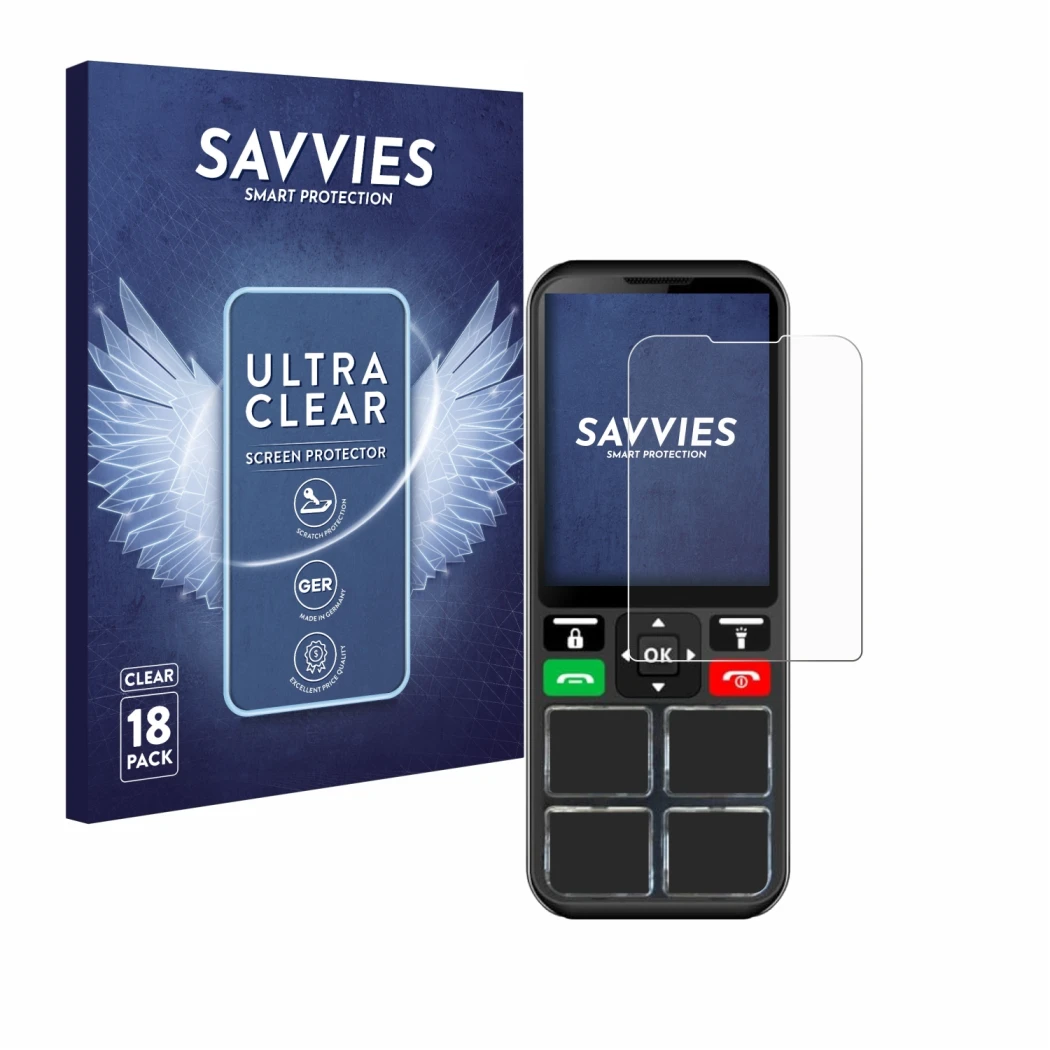 Front side of a product packaging with the brand logo Savvies. Next to it is the device Geemarc CL8000 shown with the correspo