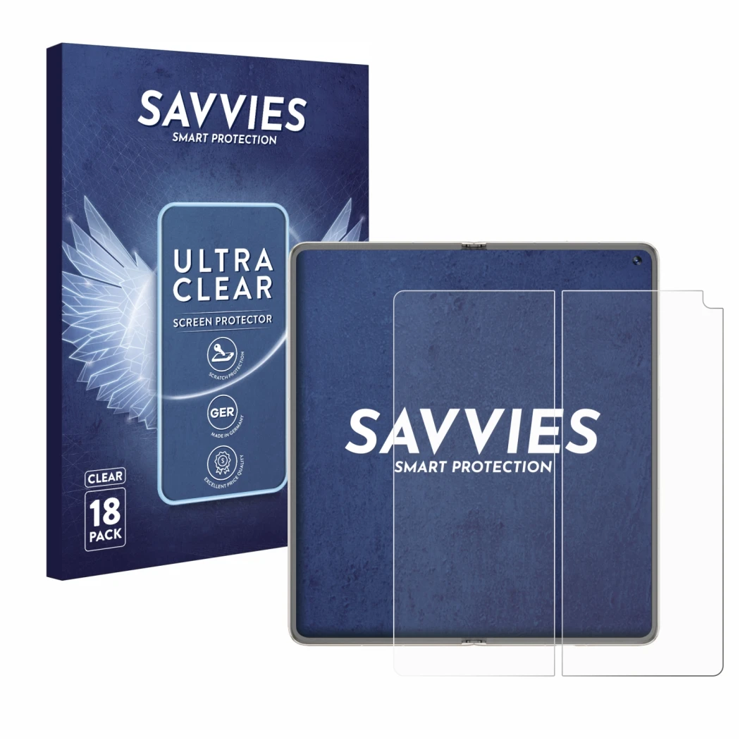 Front side of a product packaging with the brand logo Savvies. Next to it is the device Huawei Mate X6 (Inner display) shown w