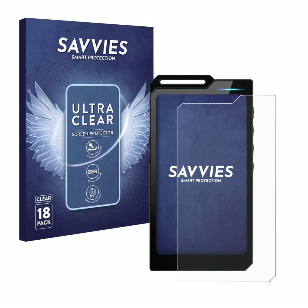 Front side of a product packaging with the brand logo Savvies. Next to it is the device Hiby R4 shown with the corresponding s