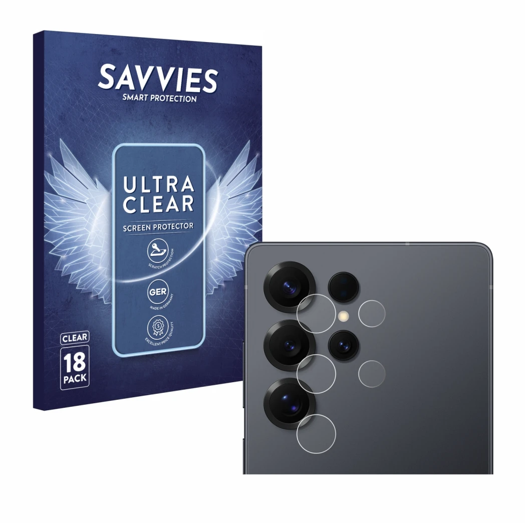 Front side of a product packaging with the brand logo Savvies. Next to it is the device Samsung Galaxy S25 Ultra Enterprise Ed