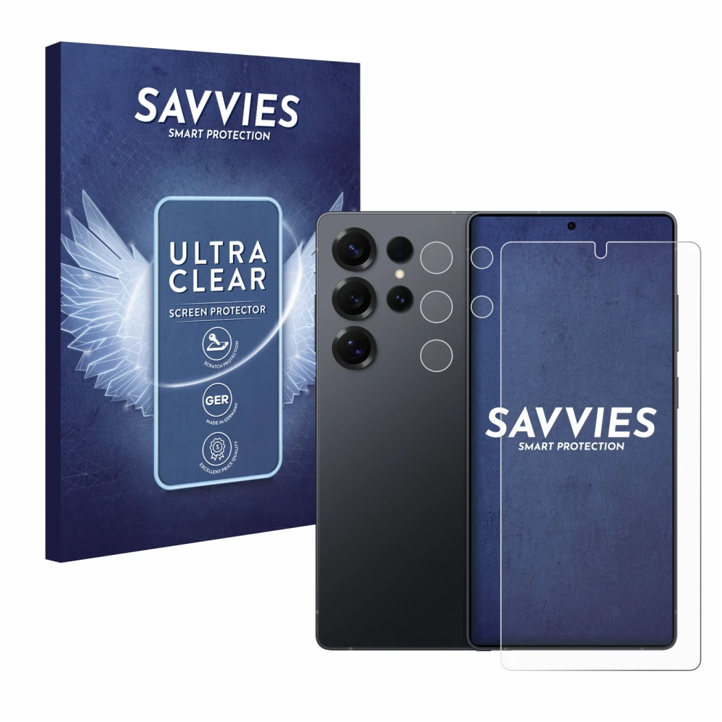 Front side of a product packaging with the brand logo Savvies. Next to it is the device Samsung Galaxy S25 Ultra Enterprise Ed
