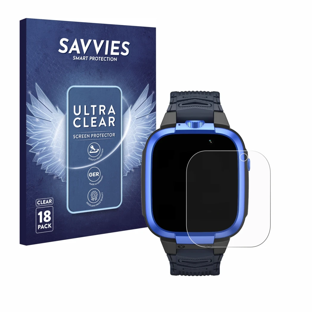 Front side of a product packaging with the brand logo Savvies. Next to it is the device Xiaomi Mibro Kids Z3 shown with the co