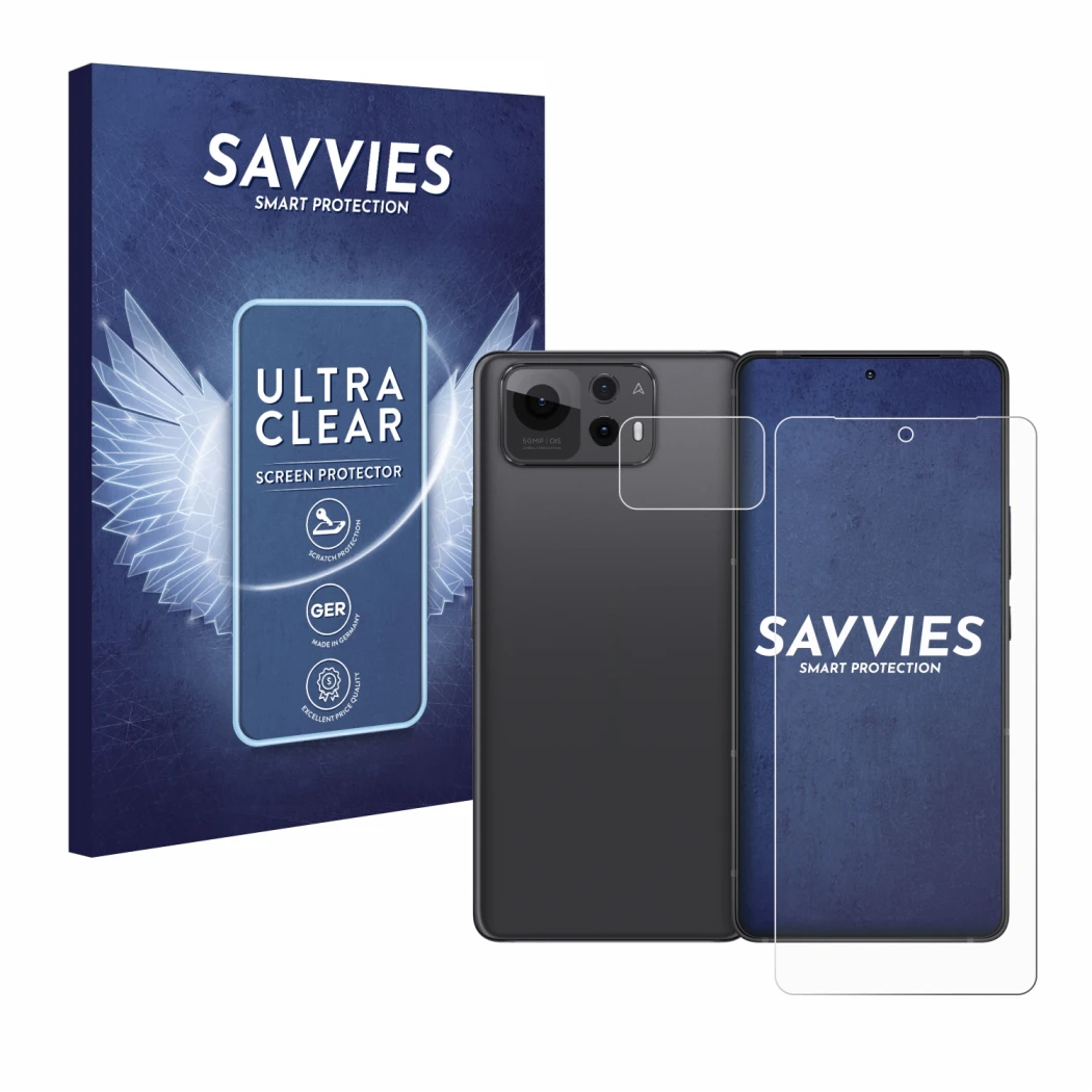 Front side of a product packaging with the brand logo Savvies. Next to it is the device ASUS ZenFone 12 Ultra (Front+Camera) s