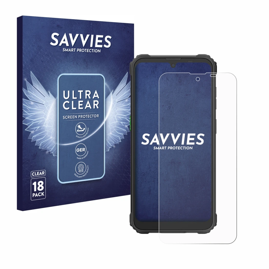 Front side of a product packaging with the brand logo Savvies. Next to it is the device Blackview BV5300 Plus shown with the c
