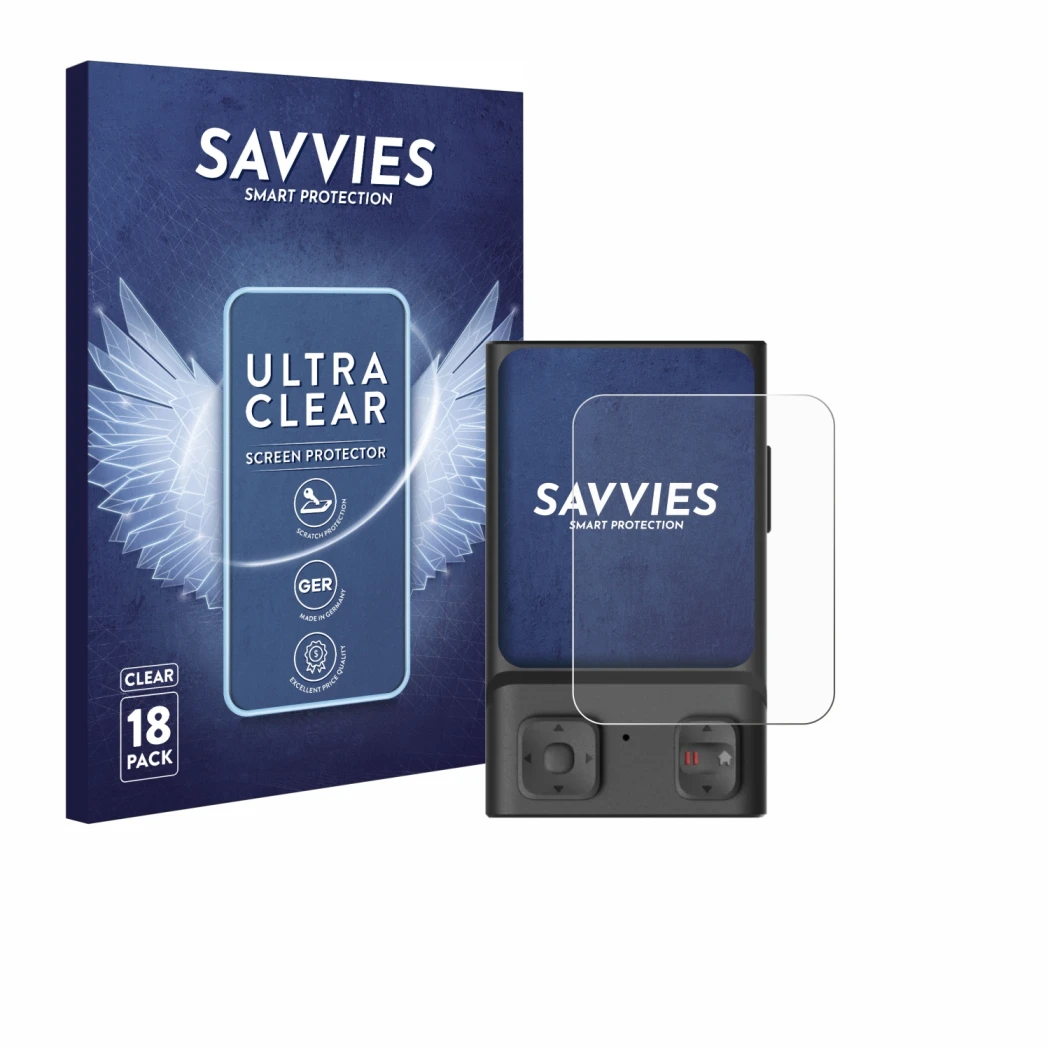 Front side of a product packaging with the brand logo Savvies. Next to it is the device Hoverair Beacon shown with the corresp