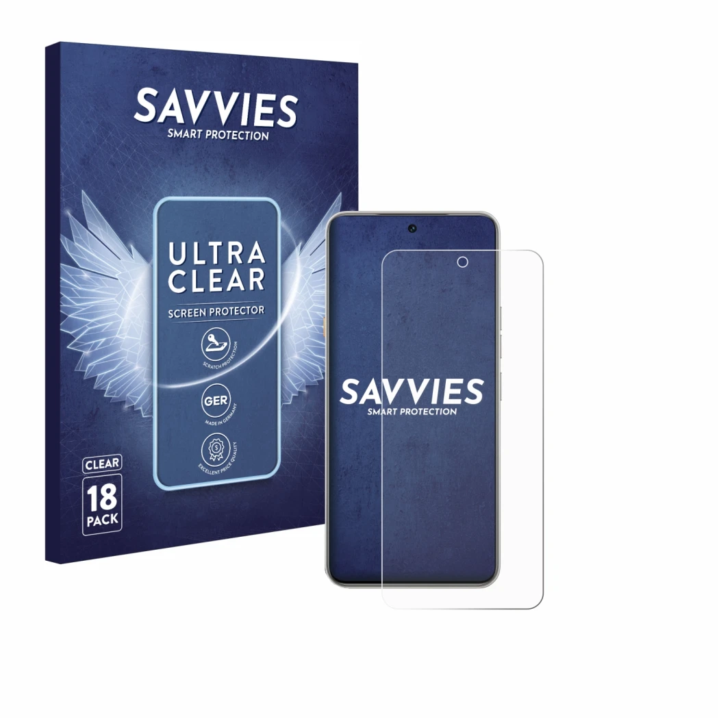 Front side of a product packaging with the brand logo Savvies. Next to it is the device Tecno Camon 40 Premier shown with the 