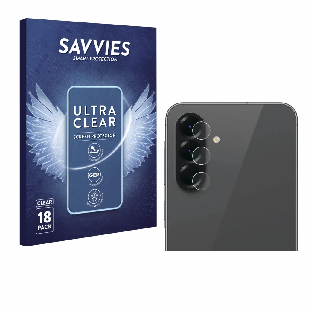 Front side of a product packaging with the brand logo Savvies. Next to it is the device Samsung Galaxy A56 5G (ONLY Camera Len