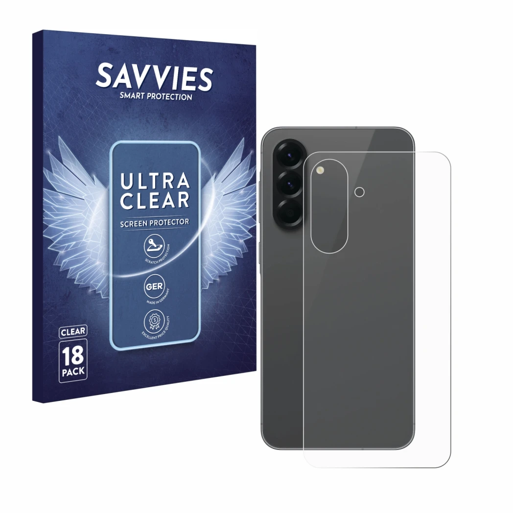 Front side of a product packaging with the brand logo Savvies. Next to it is the device Samsung Galaxy A56 5G (Back) shown wit