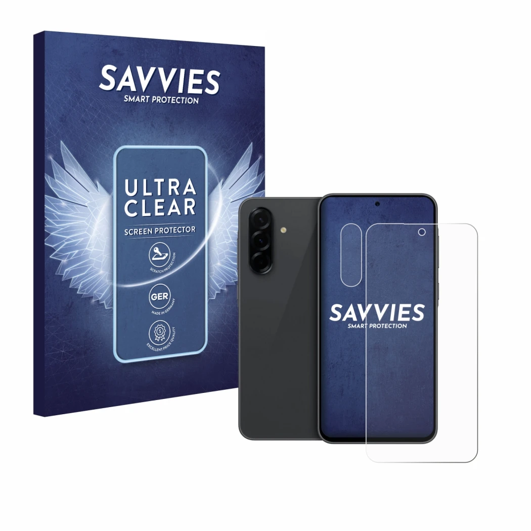 Front side of a product packaging with the brand logo Savvies. Next to it is the device Samsung Galaxy A36 5G (Front+Camera) s